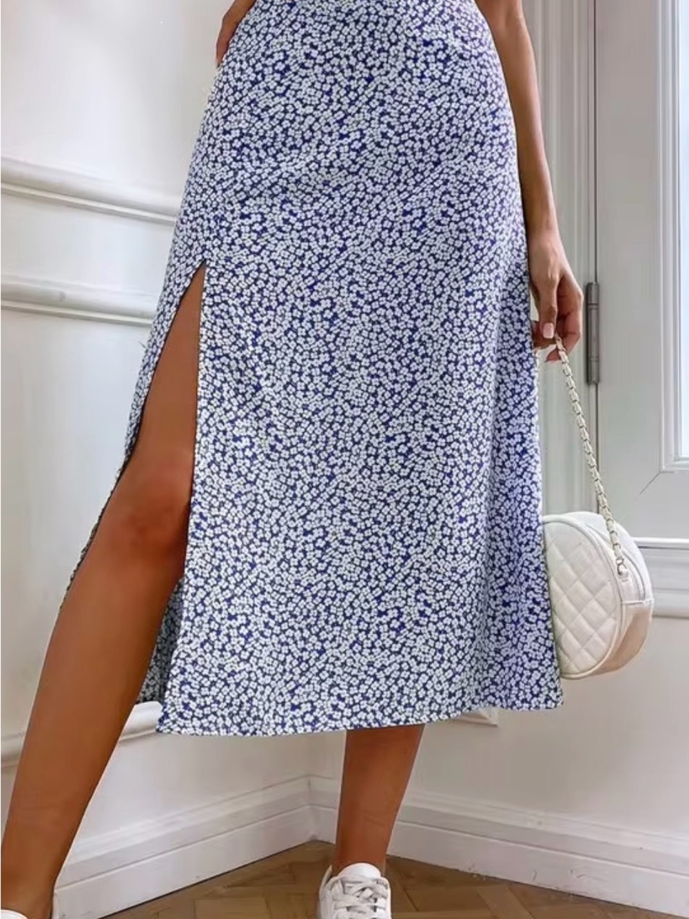 Blue Floral Side-Slit Midi Skirt